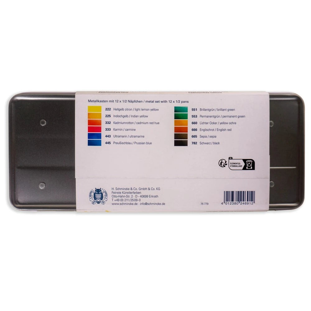 Schmincke Akademie Aquarell Metal Kutu Sulu Boya Seti 12 X Yarım Tablet 75779