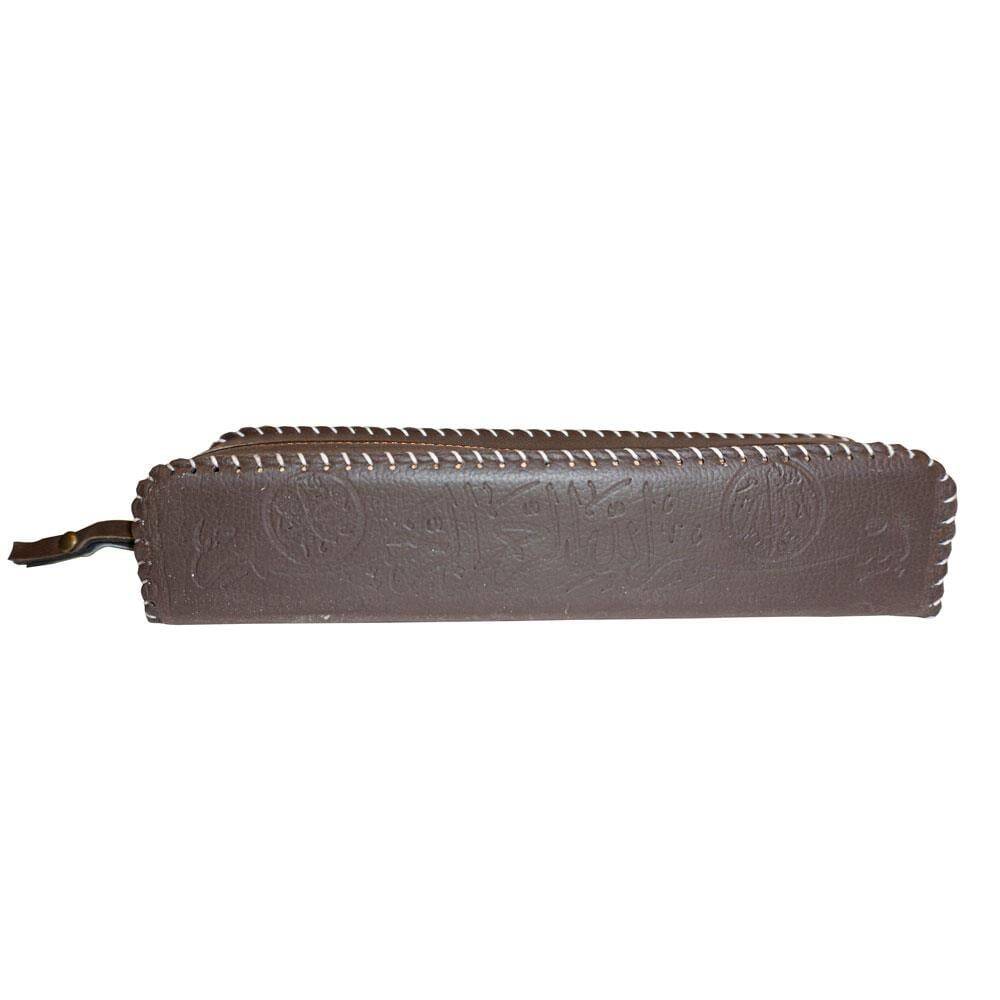 Iranian Basmala Imitation Leather Zippered Pen Case Dark Brown