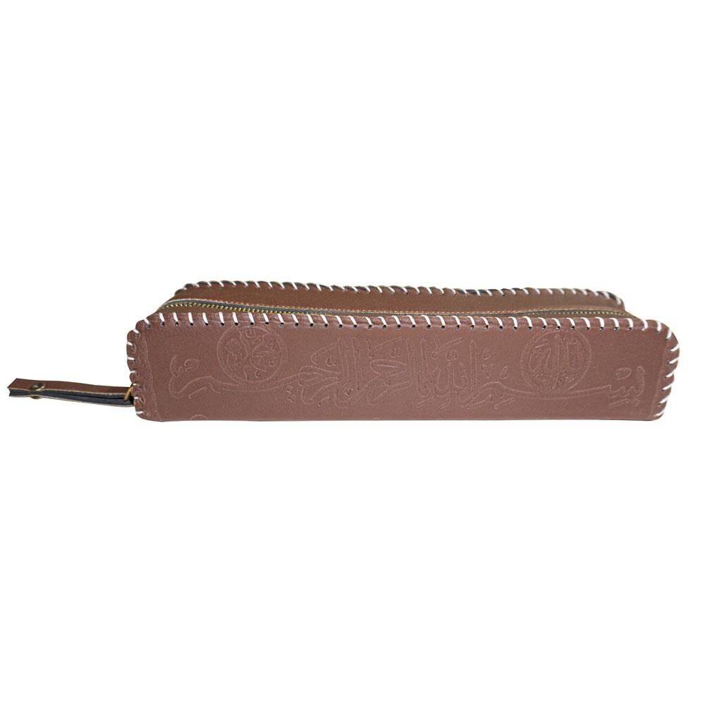 Iranian Basmala Imitation Leather Zippered Pen Holder Tan