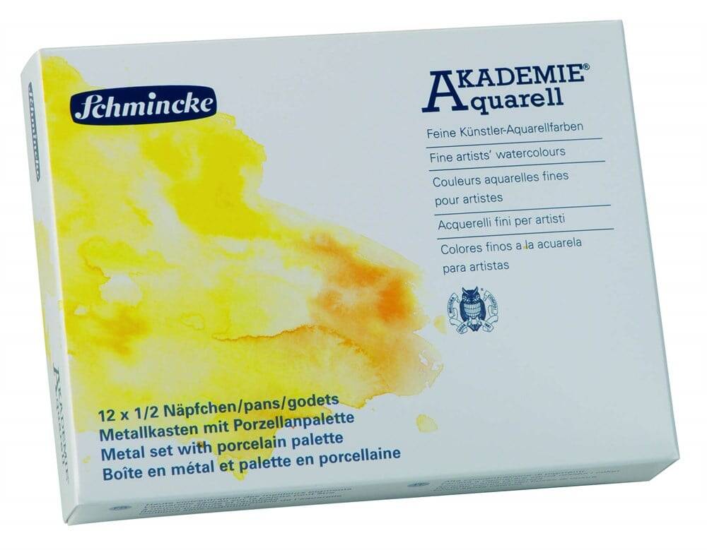 Schmincke Akademie Aquarell Metal Kutu Porselen Palet Sulu Boya Seti 12 X Yarım Tablet 75749