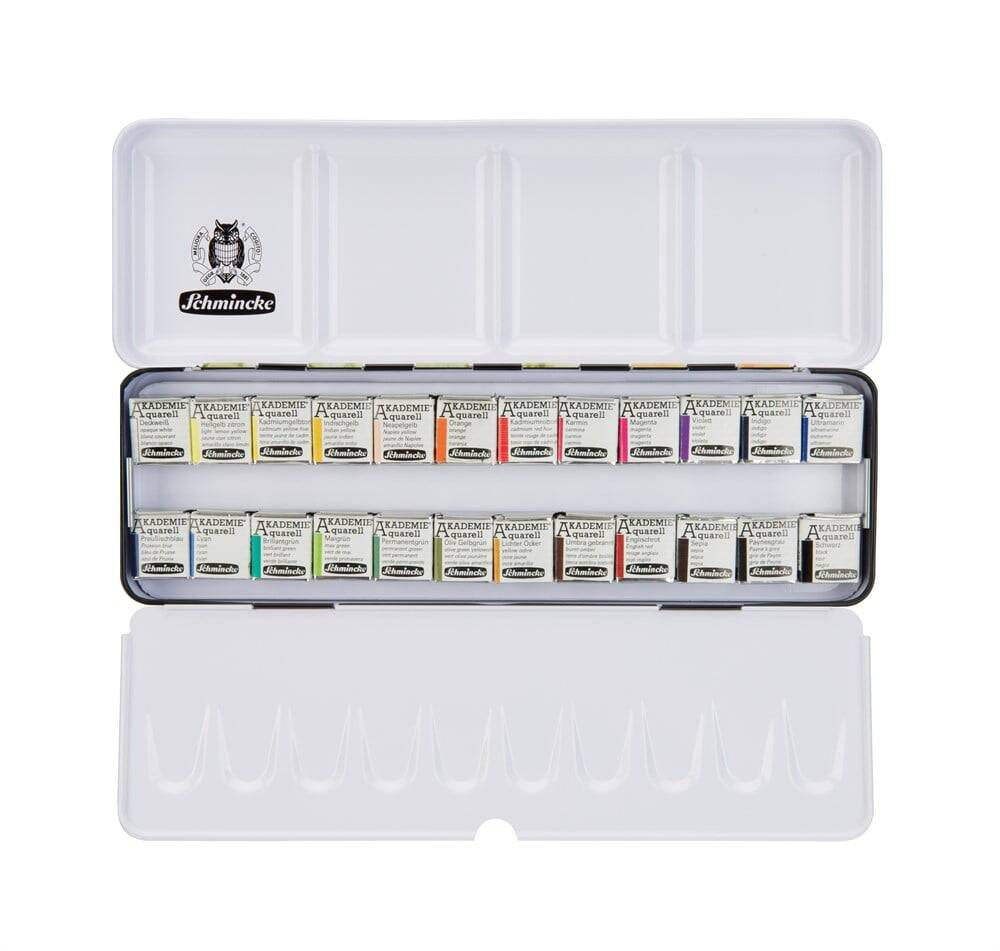 Schmincke Akademie Aquarell Metal Renkli Kutu Sulu Boya Seti Özel Seri 24 x Yarım Tablet