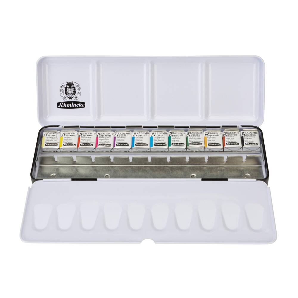 Schmincke Akademie Aquarell Perlmetallic Metal Kutu Sulu Boya Seti 12 x Yarım Tablet
