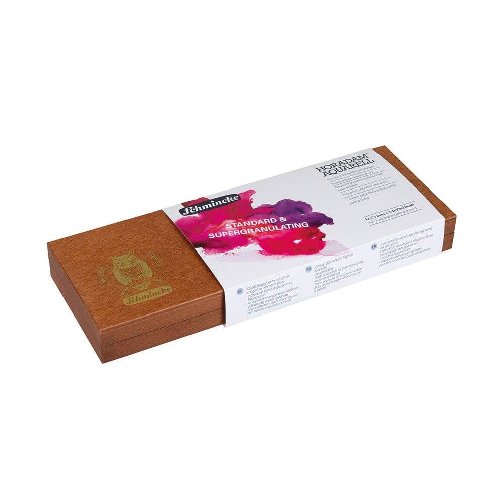 Schmincke Horadam Aquarell Ahşap Kutu Artist Sulu Boya Seti Standart ve Super Granulation 12 x Yarım Tablet 74884