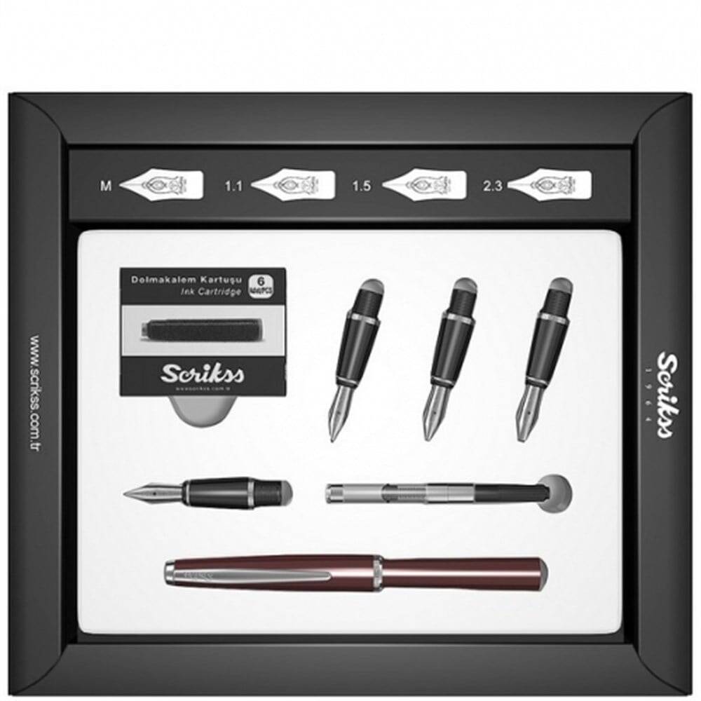Scrikss Dolma Kalem Seti Bordo 0,5 mm - 1 mm - 1,5 mm - 2 mm  ( Hat İçin Özel Kesilmiş Uçlar)